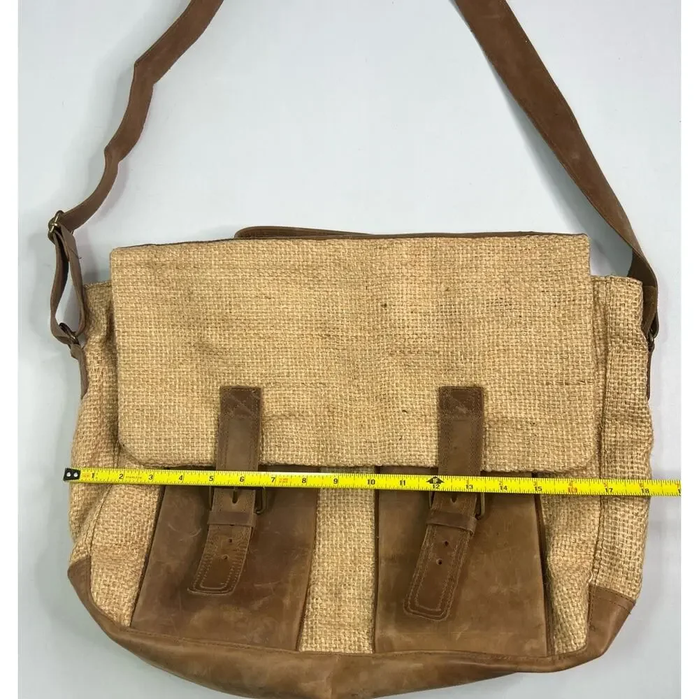 Beto's Handcrafted Brown Recycled Burlap & Leather Messenger Bag